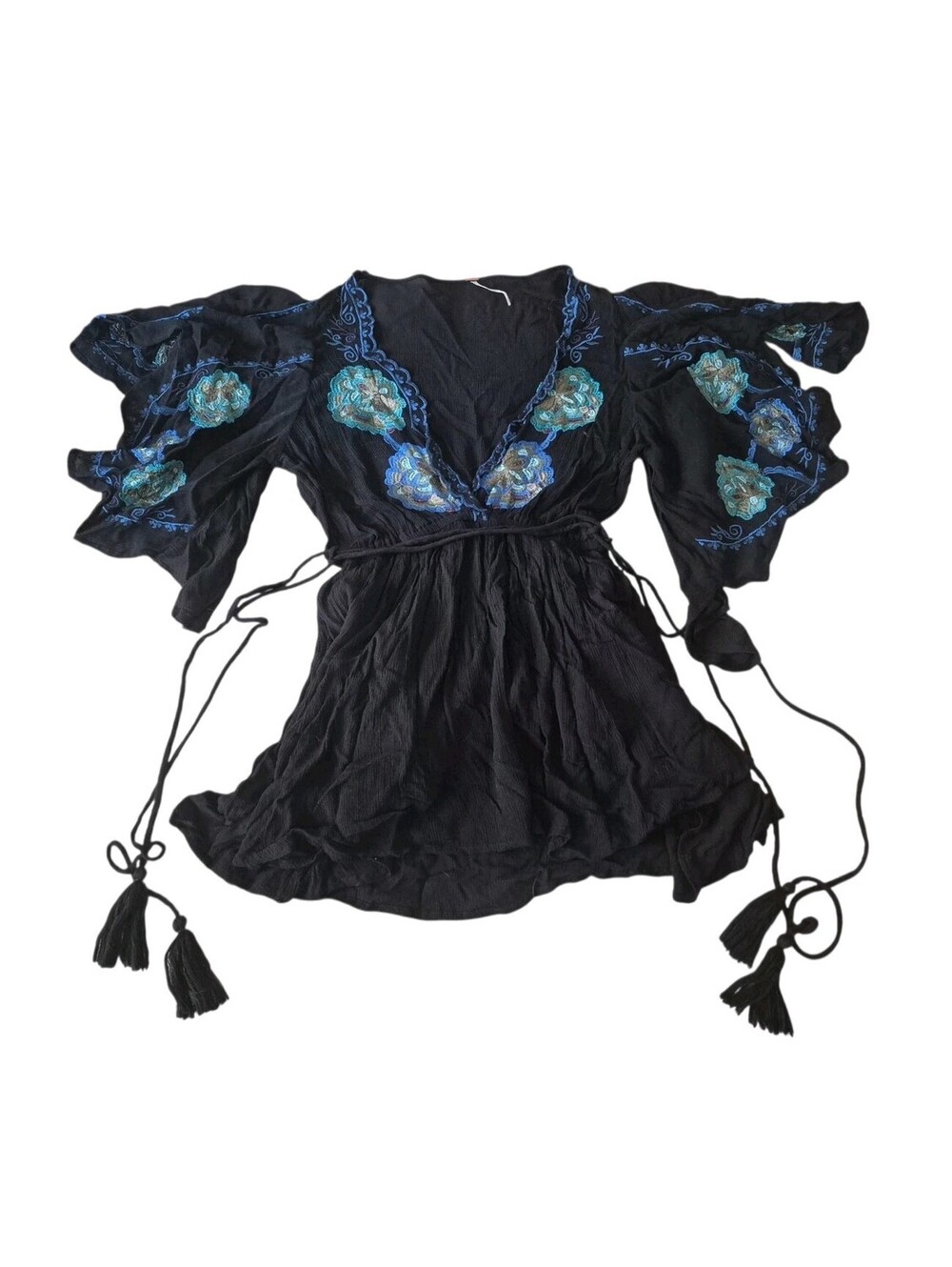 Free People Cora Black Embroidered Deep V Tassel Tie Waist Boho Mini Dress XS